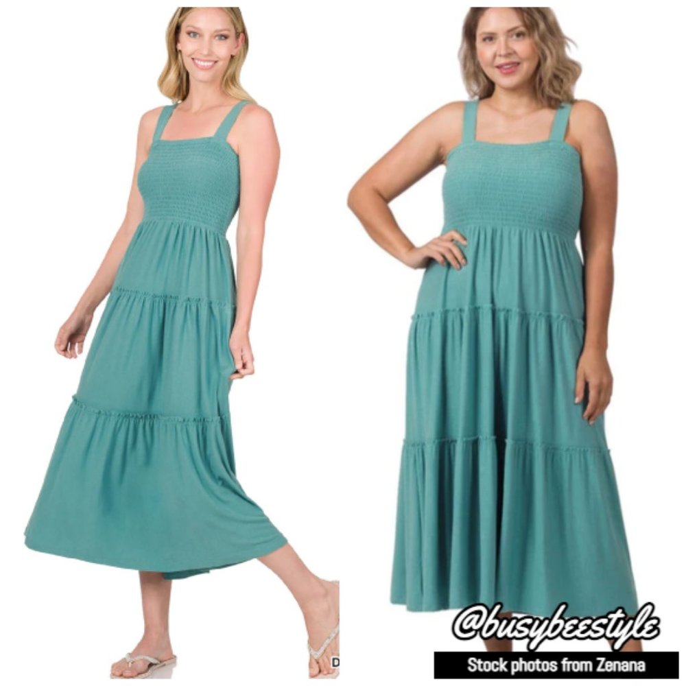 ZENANA SMOCKED TIERED MIDI DRESS DUSTY TEAL